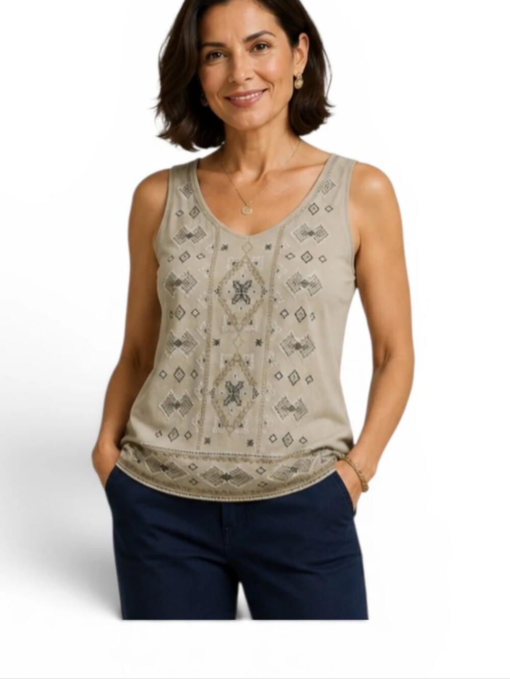 J. Jill Embroidered Tank Top Size Small Green Cotton Modal Blend Boho